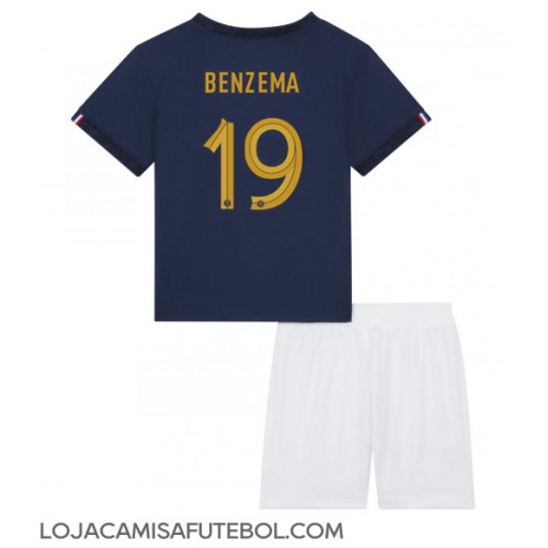 Camisa de Futebol França Karim Benzema #19 Equipamento Principal Infantil Mundo 2022 Manga Curta (+ Calças curtas)
